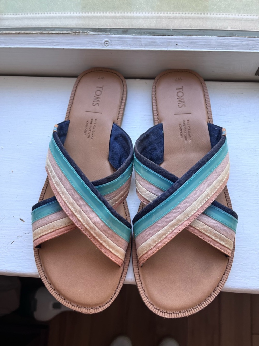 TOMS Women’s Striped Crossband Slide Sandals - Navy, Teal, Pink, Cream